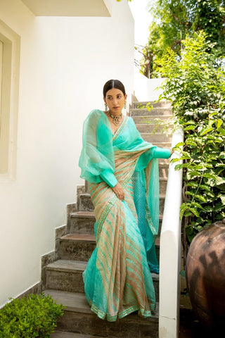 Sea Green Hand Embroidered Lehariya Saree Set (Set of 3) By Aarti Sethia now available at Trendroots