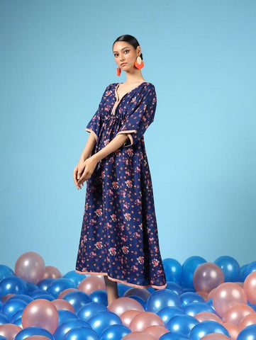 Bouquet On Blue Cotton Silk Kimono Dress by Marche now available at Trendroots