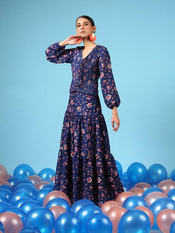 Bouquet on Blue Cotton Silk Co-Ord Set by Marche now available at Trendroots