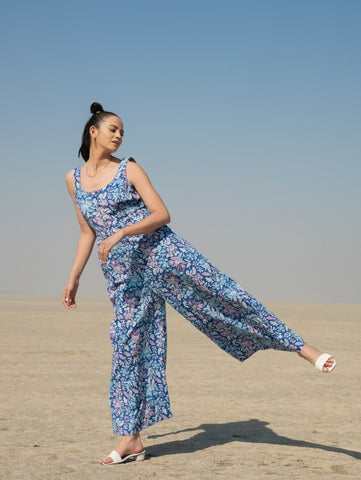 Blue Printed Lagoon Jumpsuit By Marche now available at Trendroots