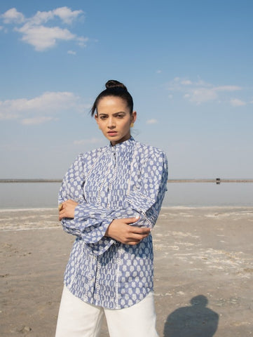Blue Printed Lotus Blouson Top By Marche now available at Trendroots