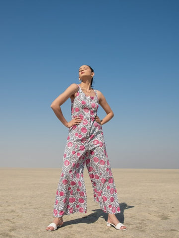 Grey Printed Fleur Jumpsuit By Marche now available at Trendroots
