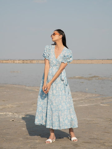 Blue Printed Lilies Tier Wrap Dress By Marche now available at Trendroots
