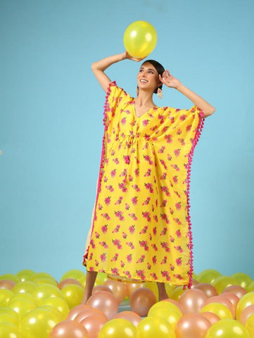 Rose Sunshine Yellow Cotton Silk Kaftaan by Marche now available at Trendroots