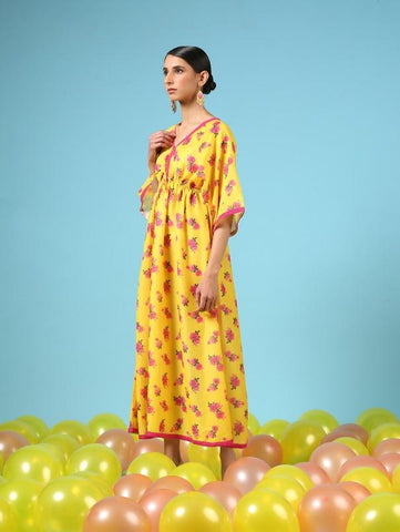 Rose Sunshine Yellow Cotton Silk Kimono Dress by Marche now available at Trendroots