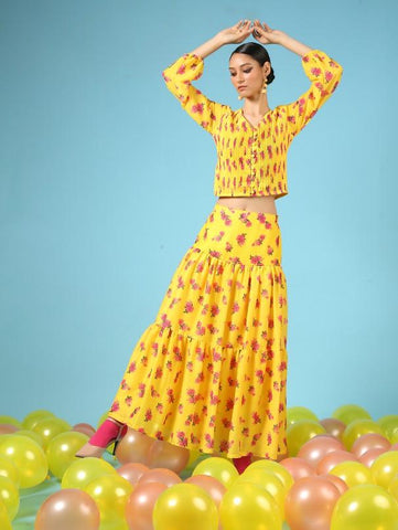 Rose Sunshine Yellow Cotton Silk Co-Ord Set by Marche now available at Trendroots