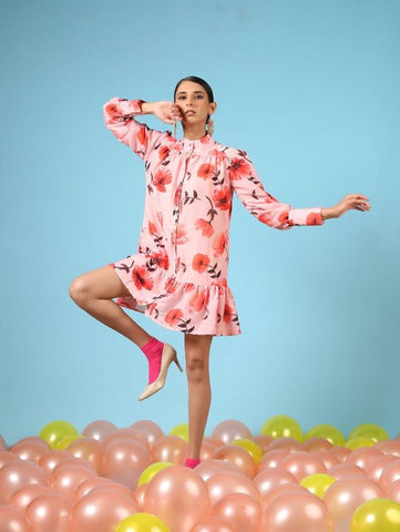Orchid Print Peach Cotton Silk Shirt Dress by Marche now available at Trendroots