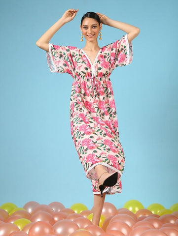 Rose Garden Multi Color Cotton Silk Kimono Dress by Marche now available at Trendroots