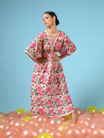 Rose Garden Multi Color Cotton Silk Kimono Dress by Marche now available at Trendroots