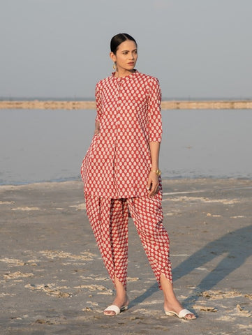 Red Lotus Printed Dhoti Co-Ord Set (Set of 2) By Marche now available at Trendroots