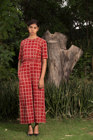Red Checks Cotton Hand Block Printed Jumpsuit by Medhya now available at trendroots