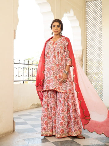 Chaand Inaayat Pink & Red Hand Block Printed Cotton Sharara Set (Set of 3) by Maison Shefali now available at Trendroots