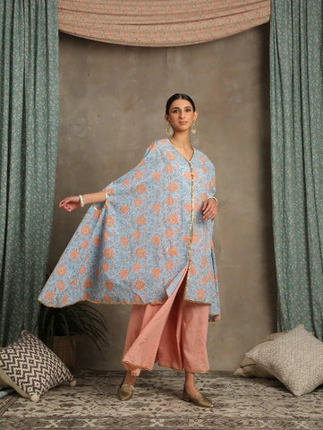 Heer- Firoza Blue Cotton Printed Cape Set By Maison Shefali now available at Trendroots