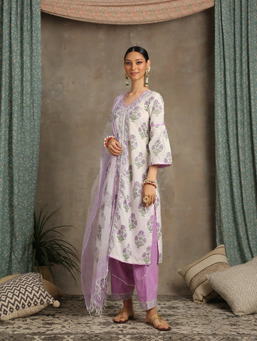 Sahar - Lavender Cotton Printed Salwar Suit by Maison Shefali now available at Trendroots