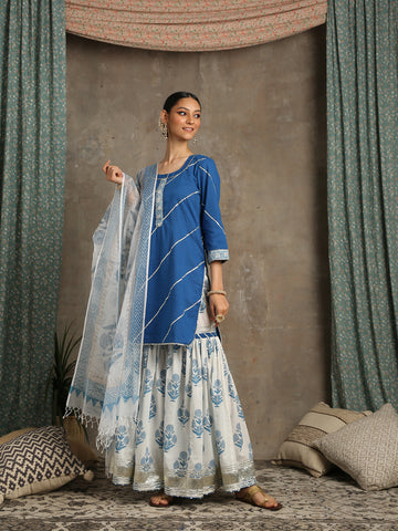 Sharanya- Neel Ivory Blue Cotton Salwar Suit by Maison Shefali now available at Trendroots