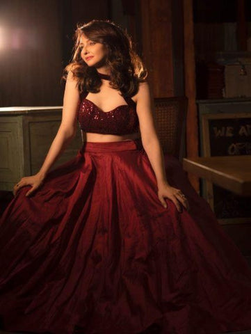 Burgundy Lehenga With Sequence Halter Blouse And Frill Dupatta (Set of 3) By Anisha Shetty now available at Trendroots