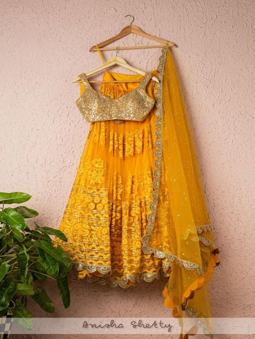 Classic Yellow Embroidered Threadwork Lehenga With Abla And Sequence Blouse And Dupatta (Set of 3) by Anisha Shetty now available at Trendroots