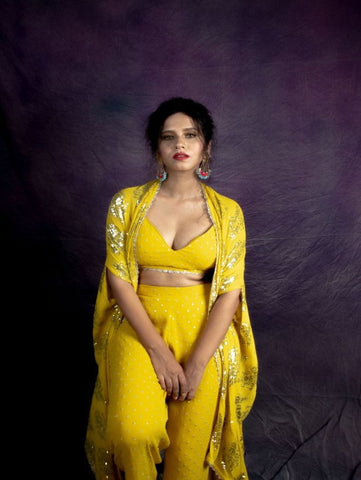 Corn Yellow Palazzo With Crop Top And Cape (Set of 3)By Anisha Shetty now available at Trendroots