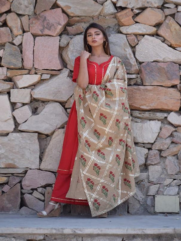 Aravali - Red Pleated Cotton Palazzo And Kurta Set With Beige Dupatta (Set of 3) by Chokhi Bandhani now available at Trendroots