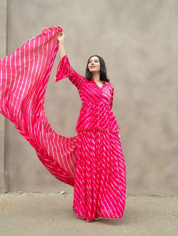 Carrot Pink Hand Tie And Dyed Silk Lehenga Set (Set of 3) by Chokhi Bandhani now available at Trendroots