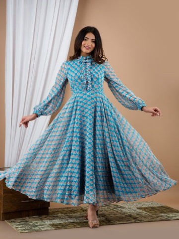 Blue Hand Block Printed Chiffon Dress by Chokhi Bandhani now available at Trendroots