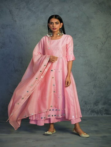 Light Pink Chanderi Pleated Kurta Set (Set of 3) By Charkhee now available at Trendroots