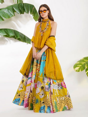 Yellow Leopard Abstract Lehenga Set (Set of 3) By Devyani Mehrotra now available at Trendroots