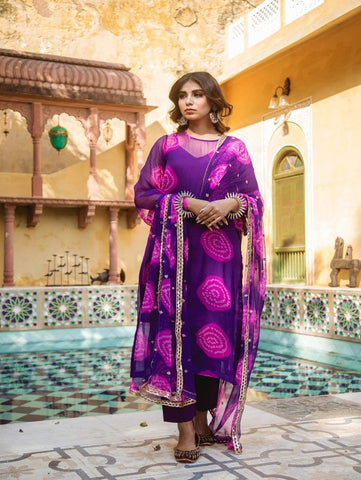 Minal Purple Bandhej Georgette Kurta Set (Set of 4) By Gulaabo Jaipur now available at Trendroots