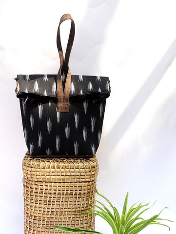 Black Vegan Leather and Ikat Weave Convertible Sling Bag by Kirgiti Designs now available at Trendroots