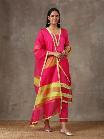 Fuschia Cotton Kurta Set With Organza Dupatta (Set of 3) by Label Nitika now available on Trendroots