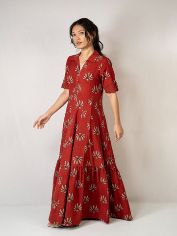 Red Floral Hand Block Printed Cotton Tiered Maxi Dress by Medhya now available at Trendroots