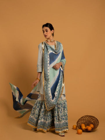 Mrinalini Ambar - Blue Cotton Hand Printed Sharara Kurta Set (Set of 3) by Maison Shefali now available at Trendroots