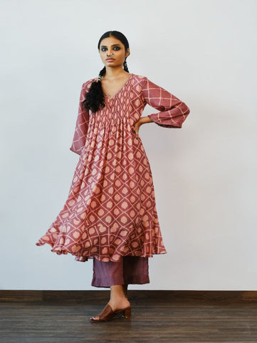 Dusty Pink Pintuck Block Printed Kurta & Pants (Set of 2) By Myoho now available at Trendroots