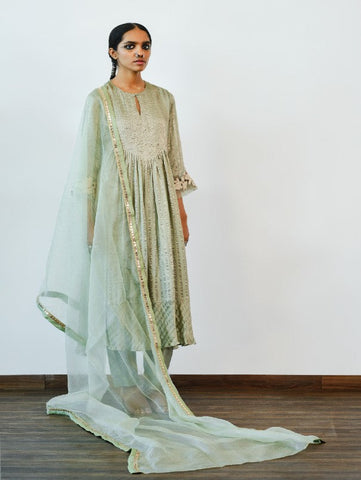 Jade Banarsi Embroidered Kurta with Palazzo & Organza Dupatta (Set of 3) By Myoho now available at Trendroots