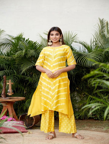 Sunshine Yellow Lehariya Palazzo & Kurta Set (Set of 2) by Ruchira Nangalia now available at Trendroots