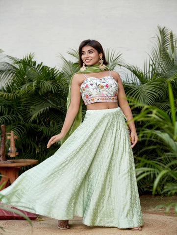 Mint Green Lehanga with Hand Embroidered Strap Blouse and Lehariya Dupatta (Set of 3) by Ruchira Nangalia now available at Trendroots