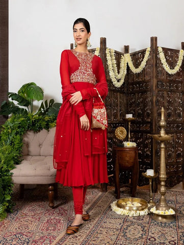 Red Embroidered Chanderi Anarkali Set with Dupatta (Set of 3) By Nadima Saqib now available at Trendroots