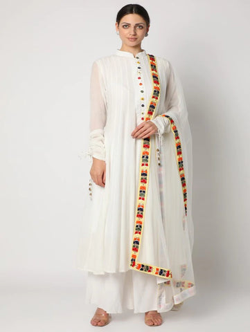 White Wrinkle Cotton Embroidered Kurta Set With Dupatta(Set of 3) By Nadima Saqib now available at Trendroots