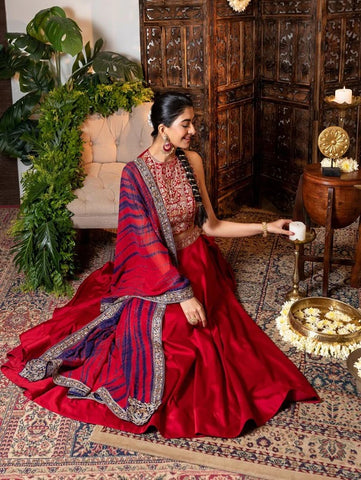 Red Chanderi Embroidered Lehenga Set (Set of 3) By Nadima Saqib now available at Trendroots