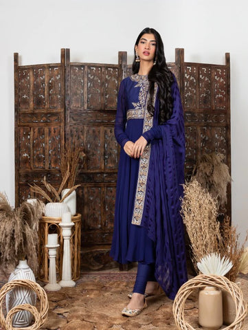 Royal Blue Chanderi Embroidered Anarkali Churidar Set With Dupatta (Set of 3) By Nadima Saqib now available at Trendroots