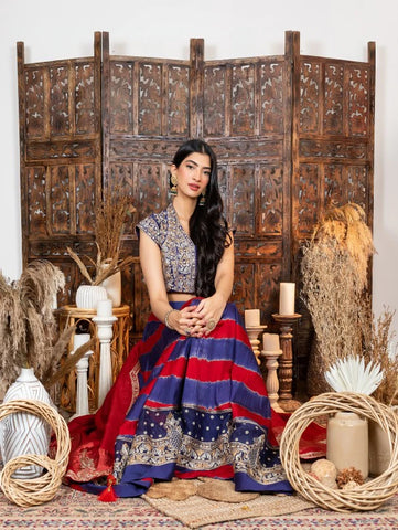 Royal Blue-Red Chanderi Embroidered Lehenga Set (Set of 3) By Nadima Saqib now available at Trendroots