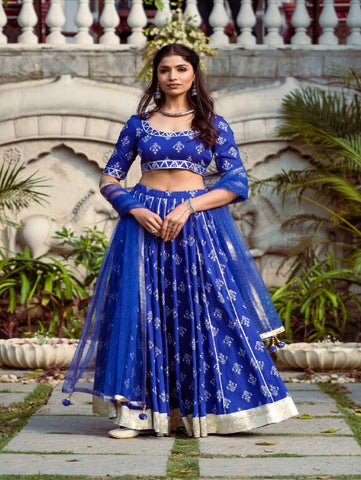 Blue Rayon Block Printed Lehenga Set (Set of 3) By Rivaaj now available at Trendroots