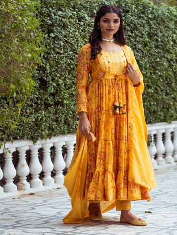 Yellow Floral Printed Tiered Cotton Silk Anarkali Set (Set of 3) By Rivaaj now available at Trendroots