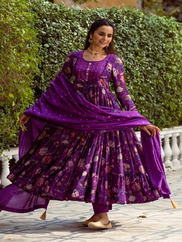 Purple Floral Printed Tiered Cotton Silk Anarkali Set (Set of 3) By Rivaaj now available at Trendroots