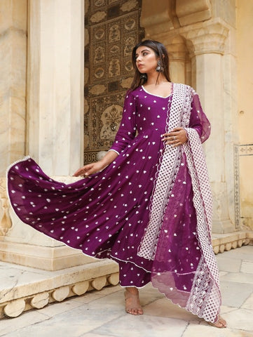 Hairat Purple Cotton Anarkali Set (Set of 3) By Gulaabo Jaipur now available at Trendroots