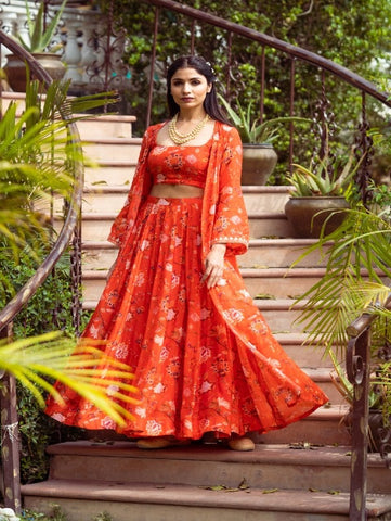 Red Floral Printed Cotton Silk Jacket Lehenga Set (Set of 3) By Rivaaj now available at Trendroots