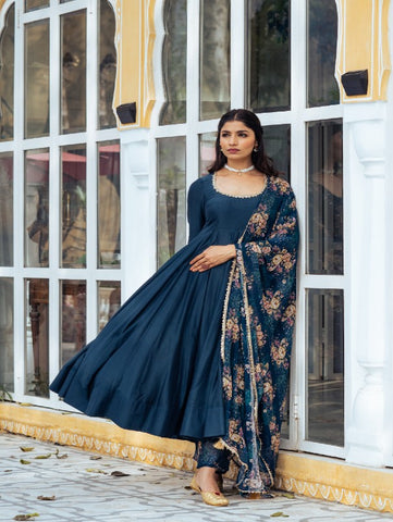 Navy Blue Cotton Silk Anarkali Set (Set of 3) By Rivaaj now available at Trendroots