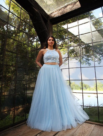Powder Blue Halter Cut Blouse With Tulle Lehenga Skirt (Set of 2) by Shrena Hirawat now available at Trendroots