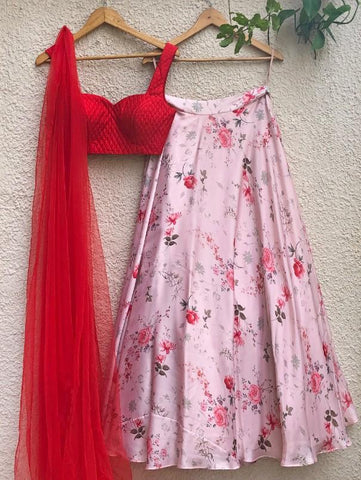 Primrose Skirt with Red Blouse And Tulle Dupatta (Set of 3) by Shrena Hirawat now available at Trendroots