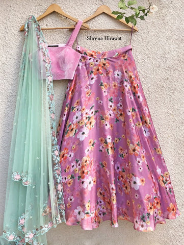 Zephyr Skirt with Pink Velvet Blouse and Astoria Dupatta (Set of 3) by Shrena Hirawat now available at Trendroots